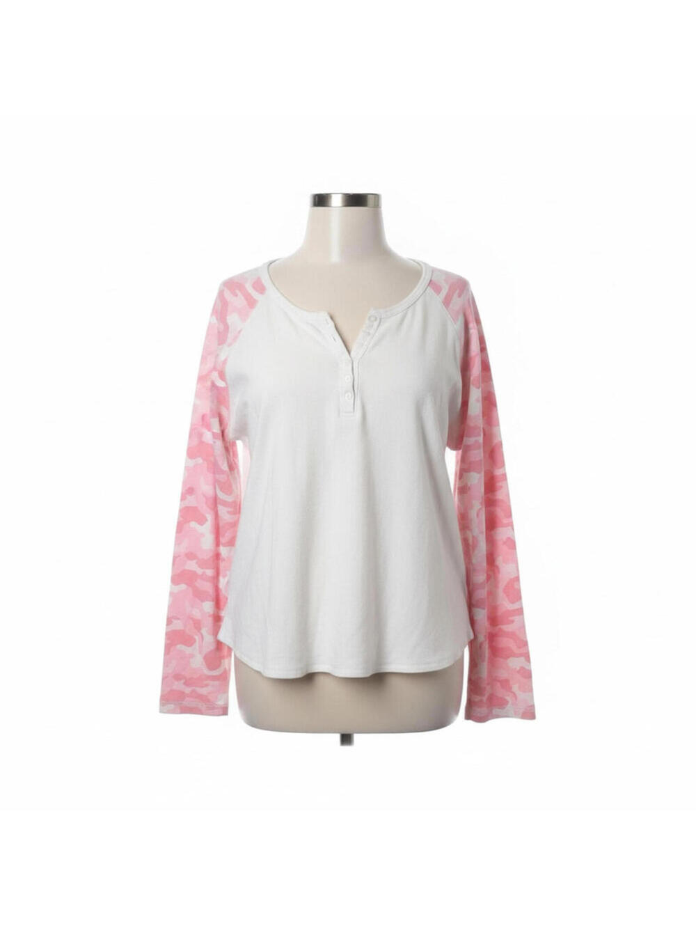 Cabelas Henley Shirt Womens 2XL White Pink Camo Raglan Long Sleeve Top Button